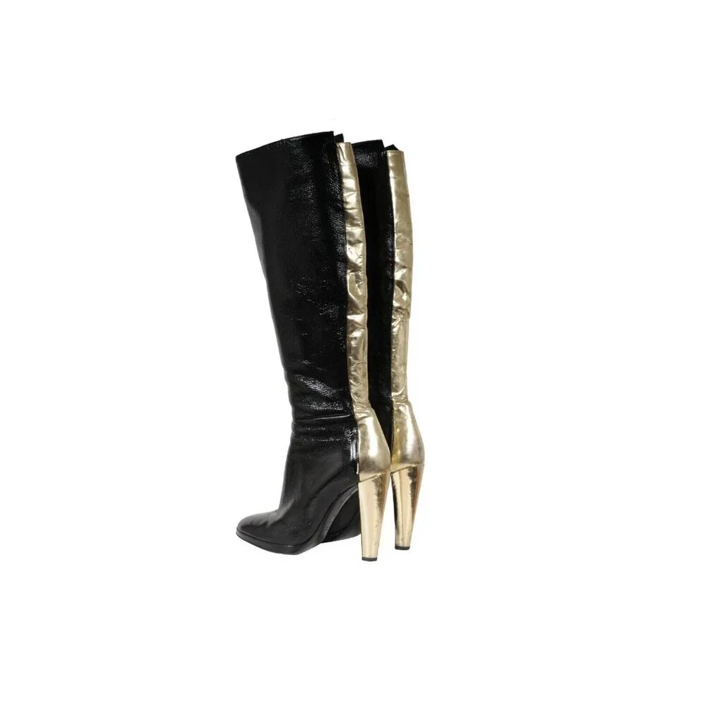 Pierre Hardy Womens Knee Boots US 8 EU 38 Black Gold Patent Leather Booties